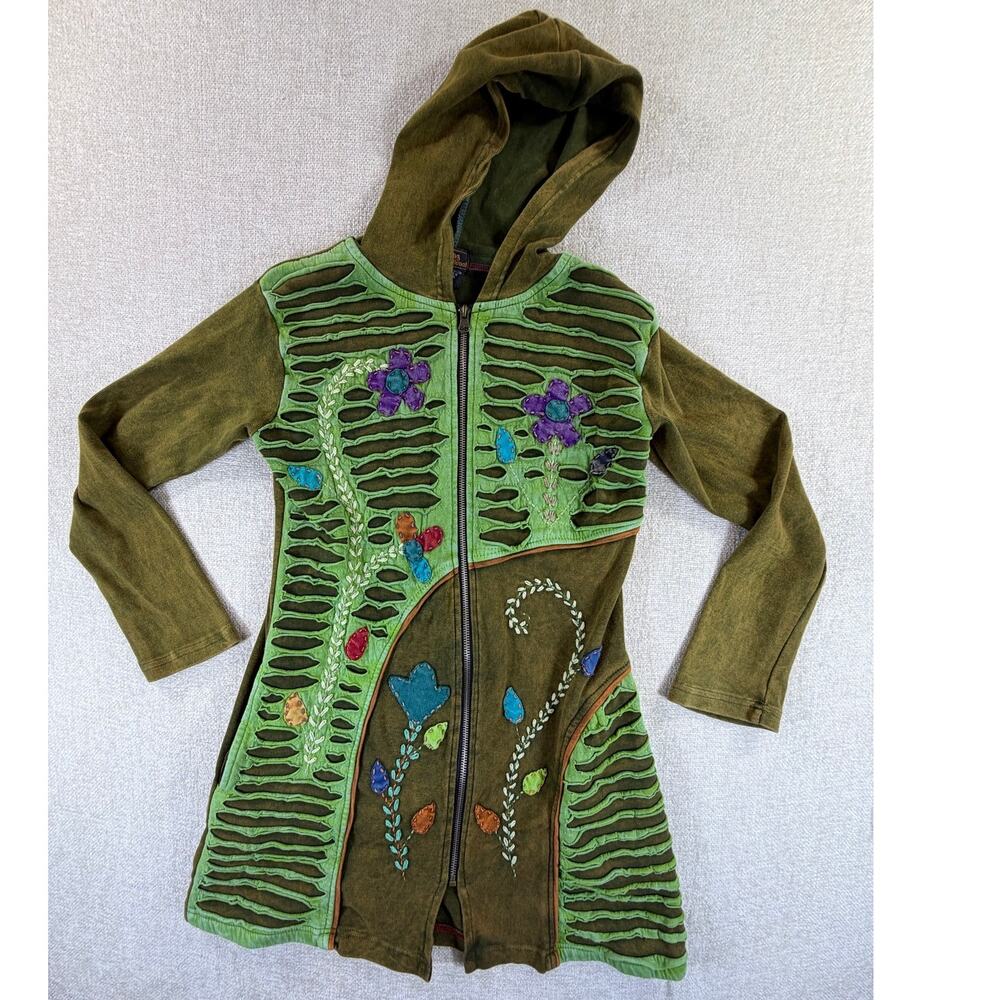 Rising International Women S Green Embroidered Hooded Zip Boho Artsy Jacket